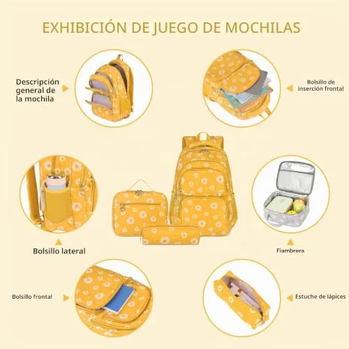 SIVENKE ▫️ Mochila escolar para meninas, adolescentes e mulheres, mochila escolar, conjunto de mochila escolar para meninas, escola, tempo livre, com bolsa para o almoço e estojo, amarela, mochila para crianças 4
