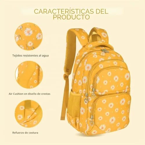 SIVENKE ▫️ Mochila escolar para meninas, adolescentes e mulheres, mochila escolar, conjunto de mochila escolar para meninas, escola, tempo livre, com bolsa para o almoço e estojo, amarela, mochila para crianças 5