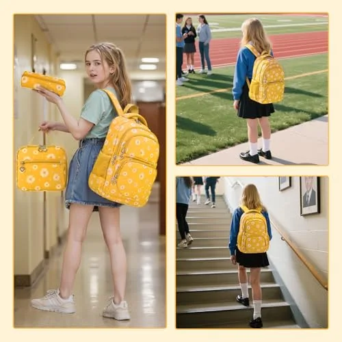 SIVENKE ▫️ Mochila escolar para meninas, adolescentes e mulheres, mochila escolar, conjunto de mochila escolar para meninas, escola, tempo livre, com bolsa para o almoço e estojo, amarela, mochila para crianças 7