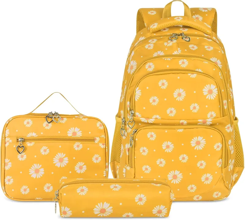 SIVENKE ▫️ Mochila escolar para meninas, adolescentes e mulheres, mochila escolar, conjunto de mochila escolar para meninas, escola, tempo livre, com bolsa para o almoço e estojo, amarela, mochila para crianças
