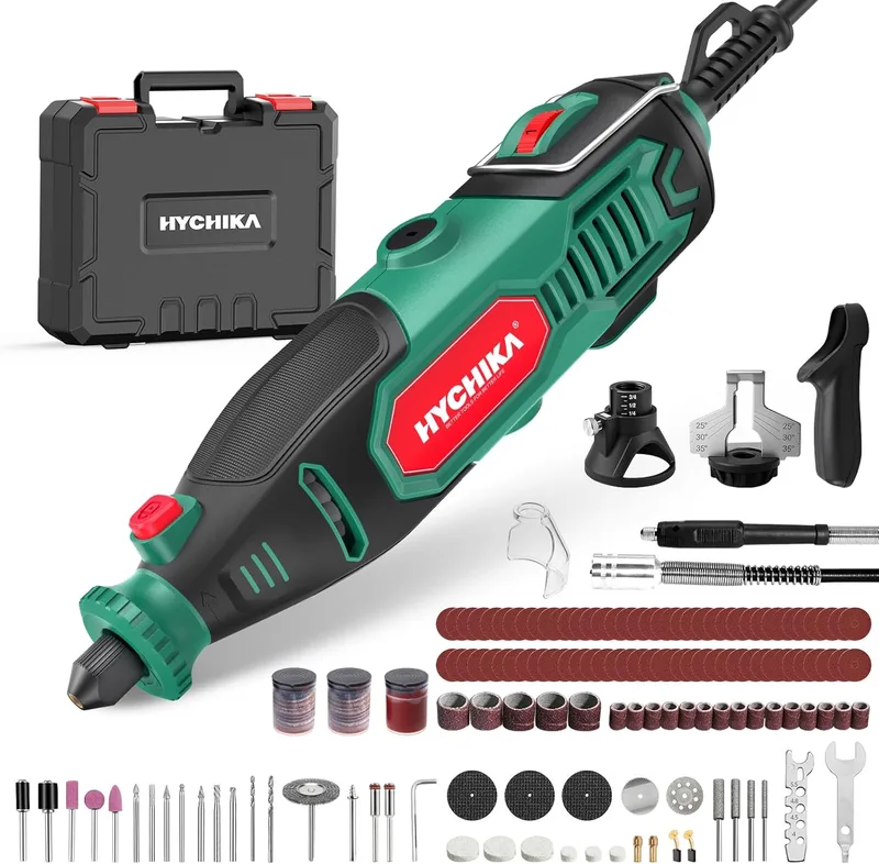 HYCHIKA BETTER TOOLS FOR BETTER LIFE ▫️ Ferramenta rotativa HYCHIKA 150W com afiador de motosserra. 7 velocidades 10 000-33 000 RPM.167 acessórios para lixar, polir, cortar, furar e gravar.