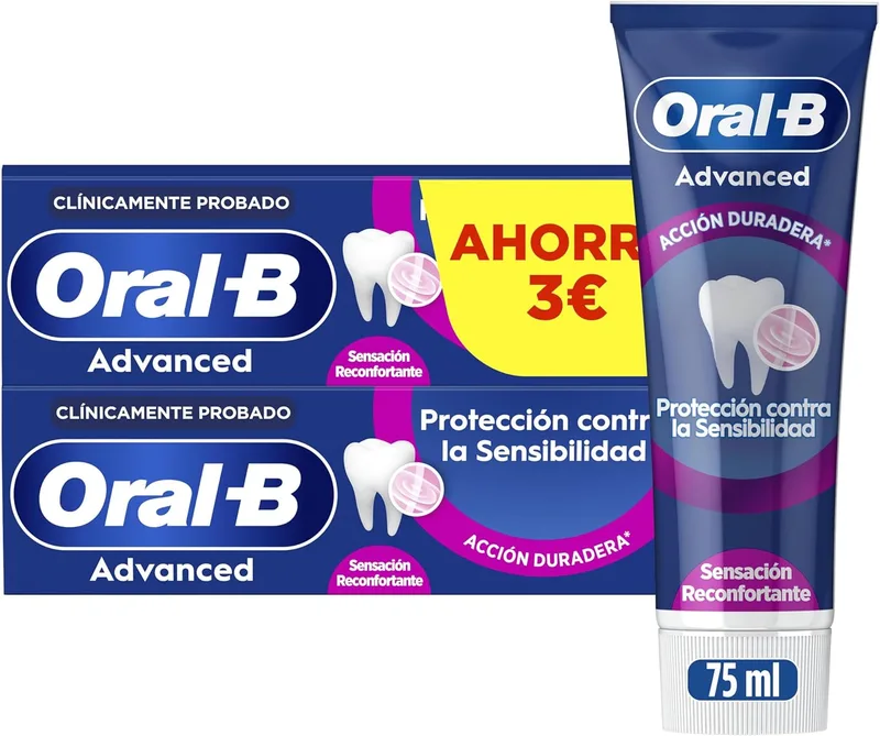 Oral-B ▫️ Advanced Sensitivity Protection Pasta de dentes com flúor, embalagem de 2 x 75 ml, sensação reconfortante, pasta de dentes com sabor a hortelã-pimenta e eucalipto para dentes sensíveis