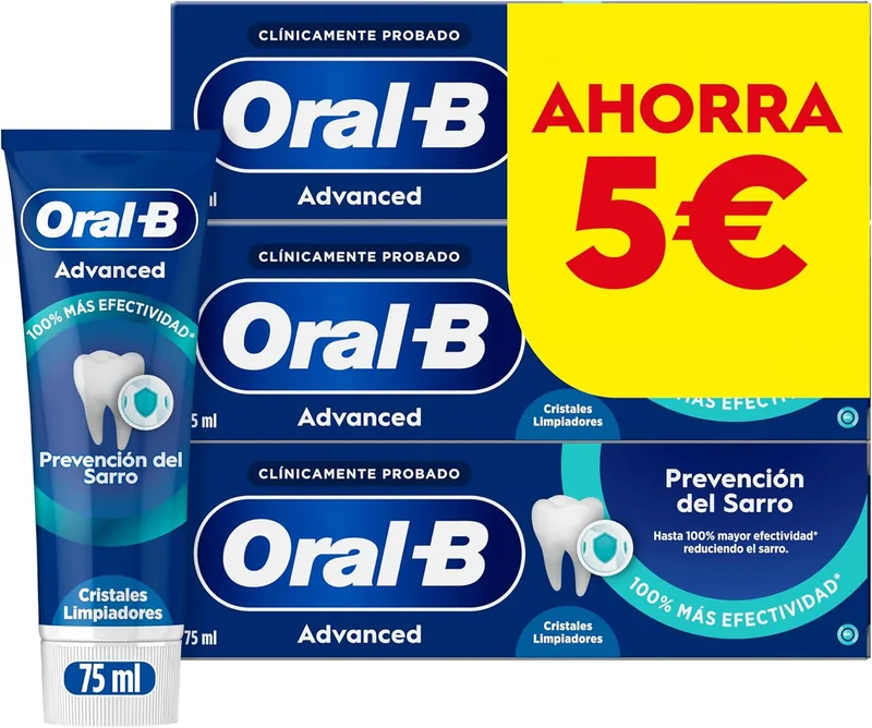 Oral-B ▫️ Advanced Tartar Prevention Pasta de dentes anti-tártaro com flúor e cristais de limpeza profunda, embalagem económica de 3x75ml, pasta de dentes com sabor a hortelã-pimenta