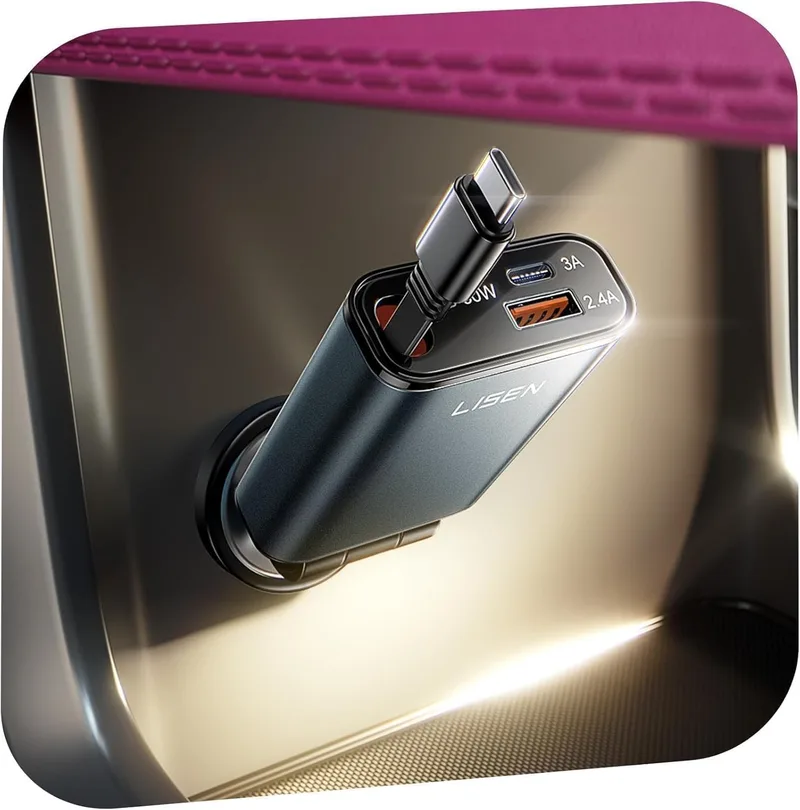 LISEN ▫️ Carregador de carro com carregamento rápido USB-C retrátil de 57 W, Carregador 3 em 1 para isqueiro do carro, 12/24 V, acessórios eletrónicos para automóvel para iPhone 17, 16, 15, Pro Max, Samsung S26, Xiaomi 15 e outros dispositivos