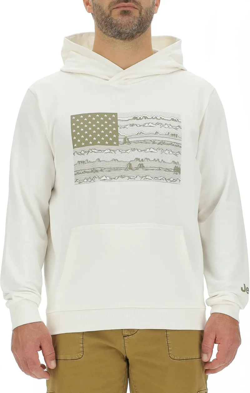 Jeep ▫️ Camisola com capuz J Man com bolso tipo bolsa - Estampado grande com paisagem da bandeira americana e estampado no pulso J24s Camisola para homem