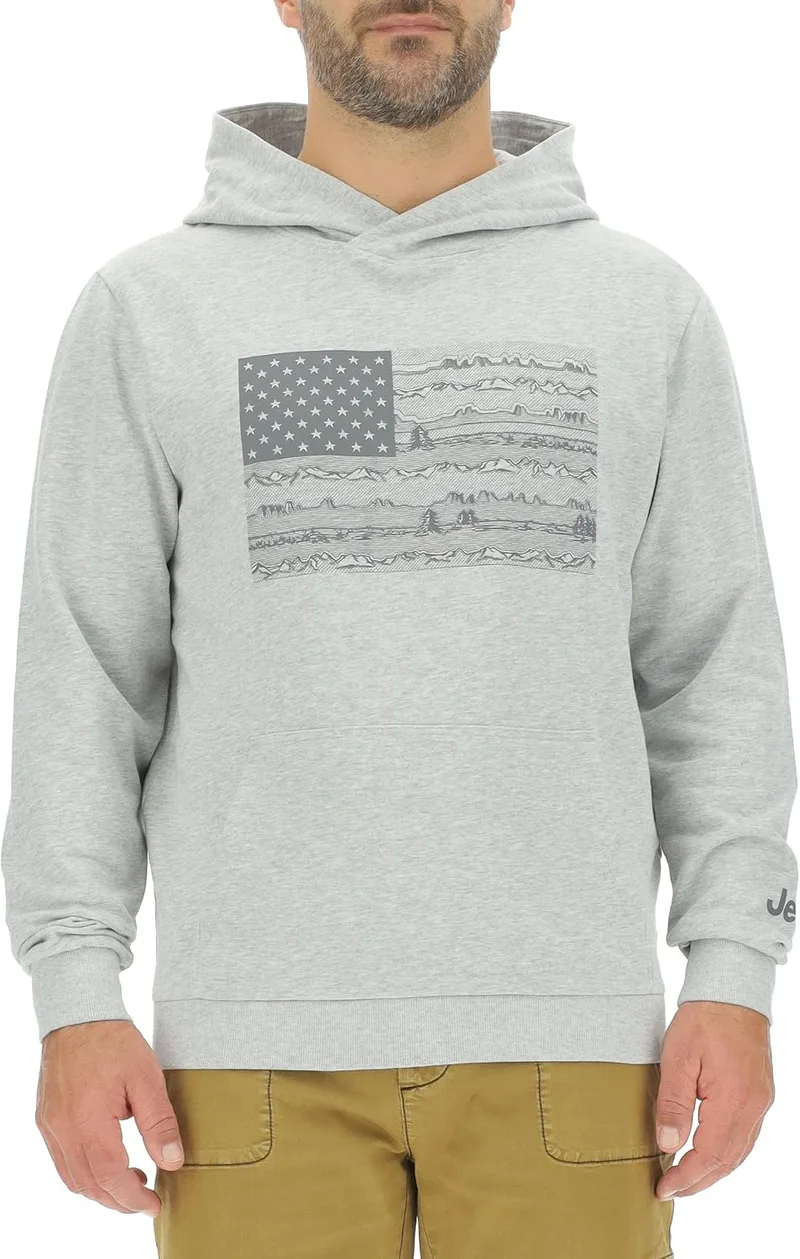 Jeep ▫️ Camisola com capuz J Man com bolso tipo bolsa - Estampado grande com paisagem e bandeira americana e estampado no pulso J24s Camisola para homem