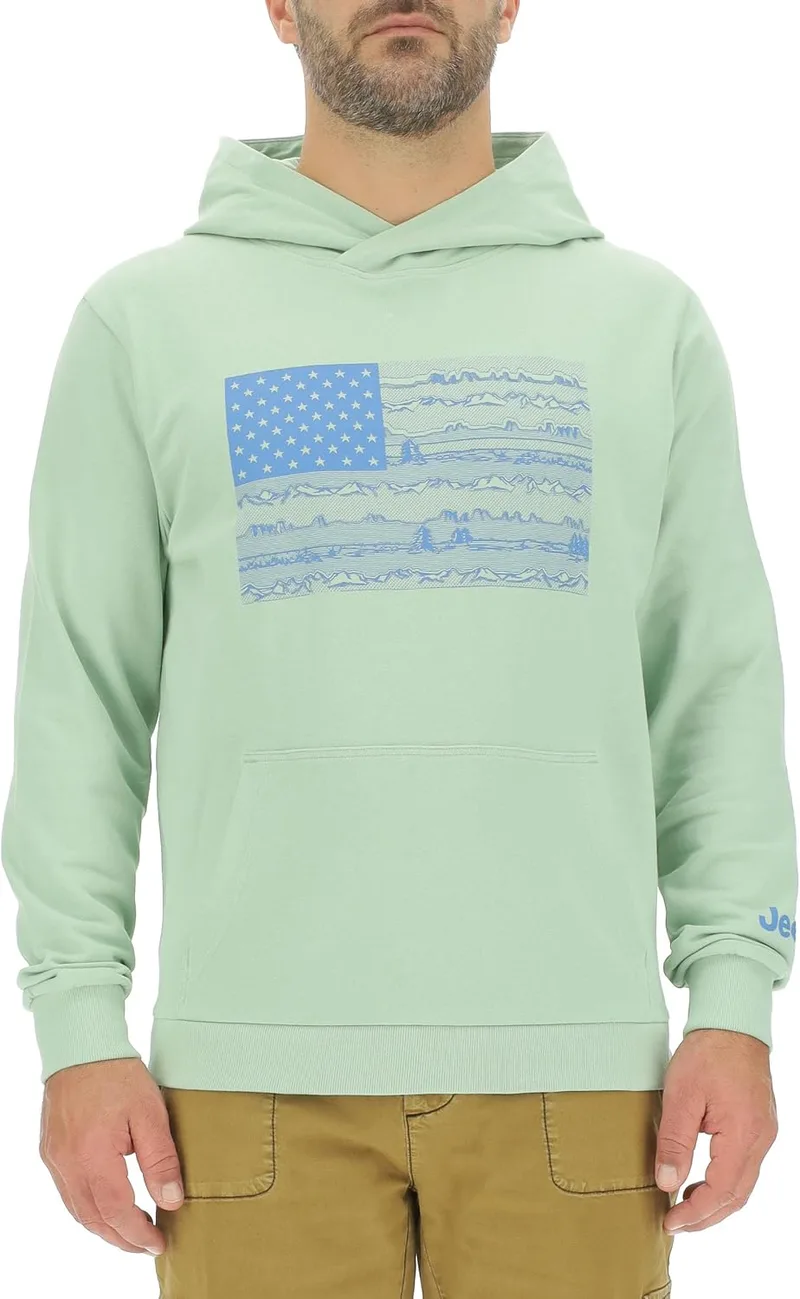 Jeep ▫️ Camisola com capuz J Man com bolso tipo bolsa - Estampado grande com paisagem da bandeira americana e estampado no pulso J24s Camisola de homem