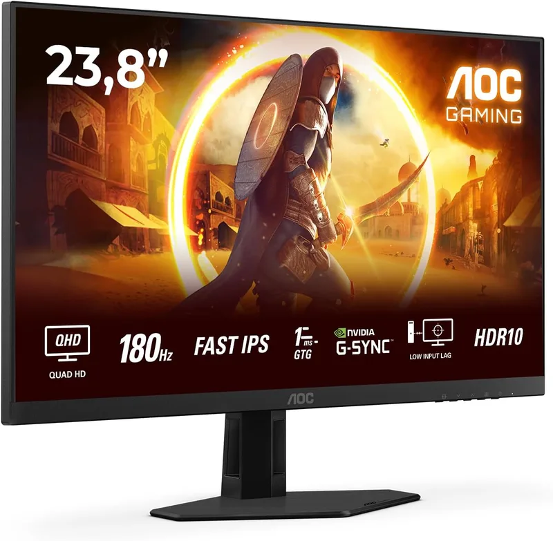 AOC ▫️ Monitor de jogos Q24G4RE de 24 polegadas, 180 Hz, painel Fast IPS, 1 ms GtG, HDR10, Adaptive Sync, compatível com G-Sync, (2560x1440, 1 porta HDMI 2.0, 1 porta DP 1.4) Preto