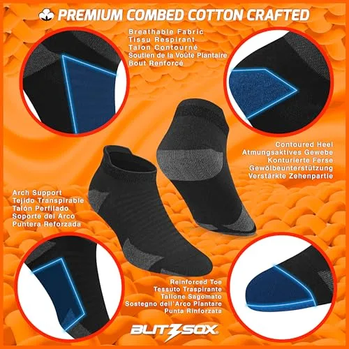 BLITZSOX ▫️ Meias desportivas para homem, para correr, almofadadas, respiráveis, de algodão, meias curtas, embalagem de 6 pares 5