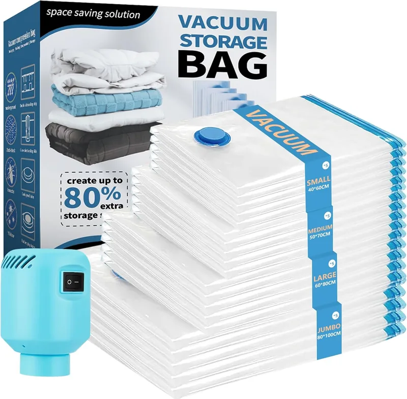 CKCLR ▫️ Sacos de vácuo para roupa com bomba eléctrica, 20 unidades de sacos de vácuo para roupa 5XL+5L+5M+5S para guardar roupa, roupa de cama, almofadas, cobertores, edredões, edredões, sacos de poupança de espaço