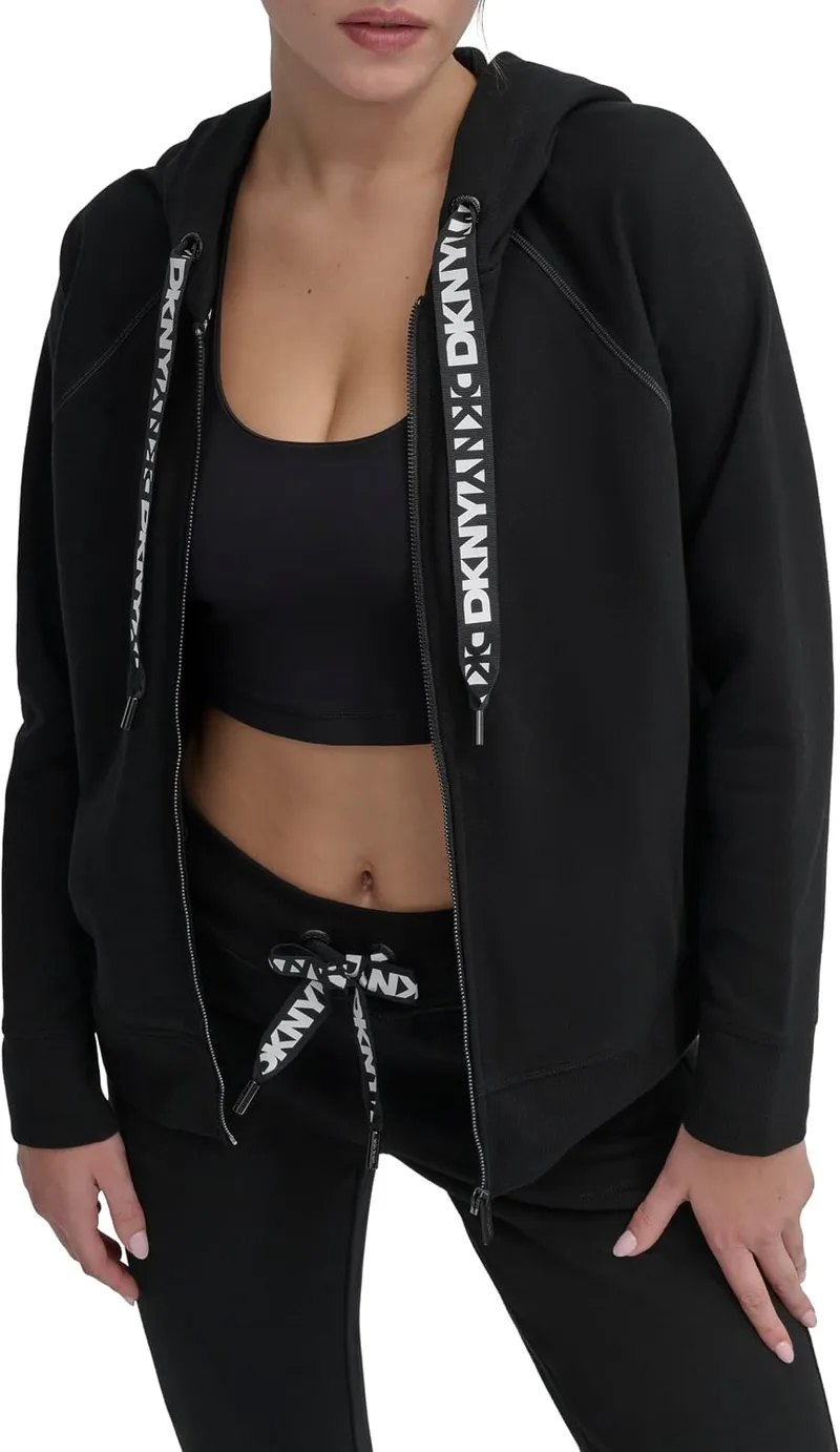 DKNY ▫️ Camisola com capuz em malha polar com cordão e fecho completo com logótipo para mulher
