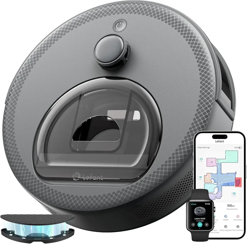 Lefant ▫️ Aspirador e esfregona robô M330 com mapeamento 3 em 1, sucção 5000 Pa, 150min, navegação dToF, prevenção de obstáculos PSD 190°, Alexa/App/i Watch, ideal para pêlos de animais e tapetes, cinzento