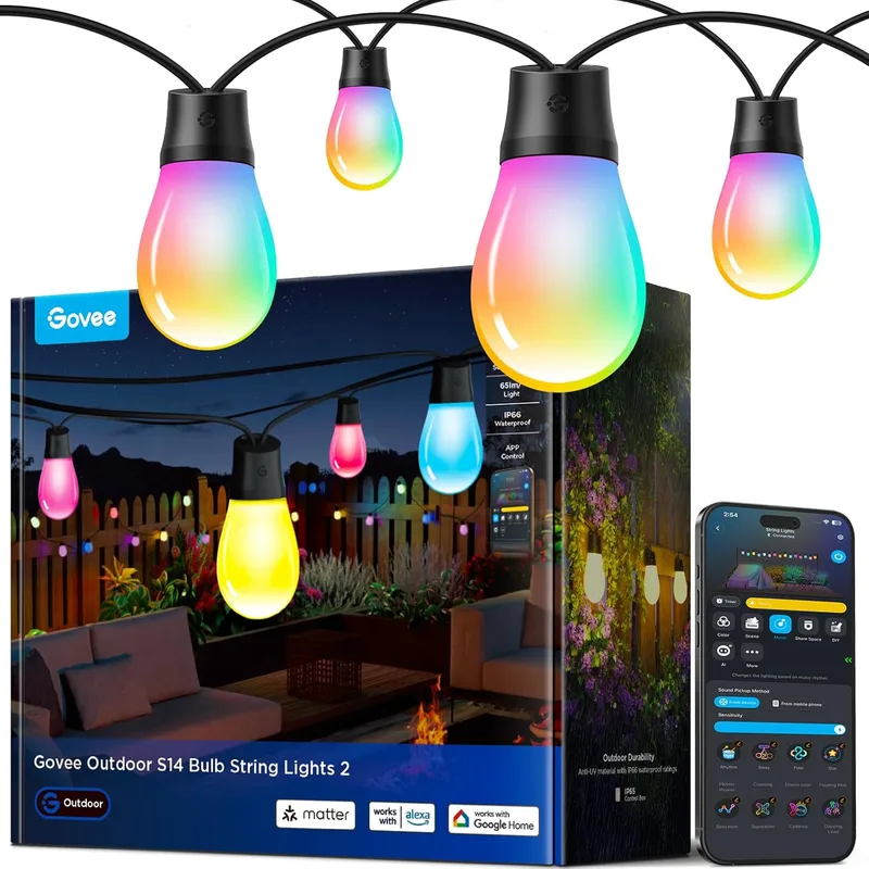 Govee ▫️ Lâmpada Inteligente para Exterior, 15M LED RGBIC Branco Quente para Pátio com Wi-Fi, Compatível com Alexa, IP66 Resistente à Água, 111 Modos de Cena, Regulável para o Pátio Traseiro e Natal