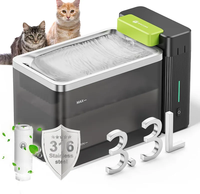 Amicura ▫️ A3lite Bebedouro para Gatos com Água Ultrafiltrada, Capacidade de 3,3 L, Bandeja em Aço Inoxidável 316, Tripla Filtragem, Ultra-silencioso (25 dB), Modos Tátil «Cascata»/«Energia», Alerta de Falta de Água - Preto