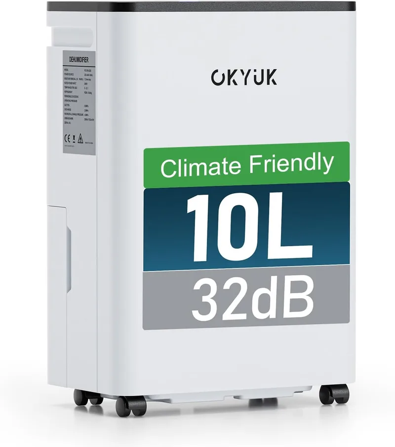 OKYUK ▫️ Desumidificador 10L com indicador digital de humidade, desumidificador de humidade Desumidificador doméstico até 30m² com desligamento automático, ideal para casas de banho, quartos, caves (10L branco)