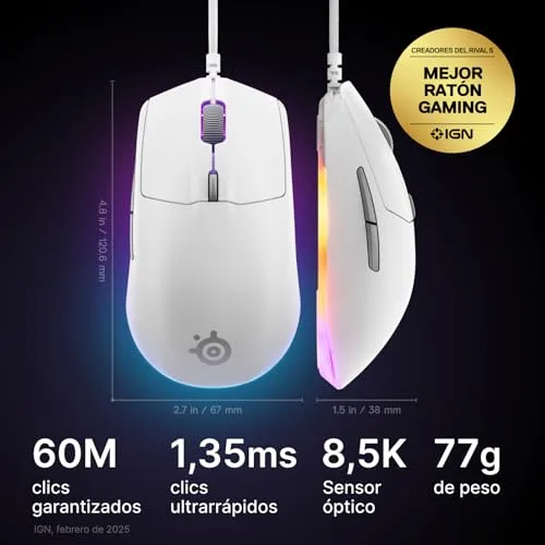 SteelSeries ▫️ Rival 3 Gen 2 - Rato para jogos - Sensor ótico TrueMove Core de 8500 dpi - Durabilidade de 60 milhões de cliques - Baixa latência - 77 g de peso - Patins 100% PTFE - RGB - Branco 2