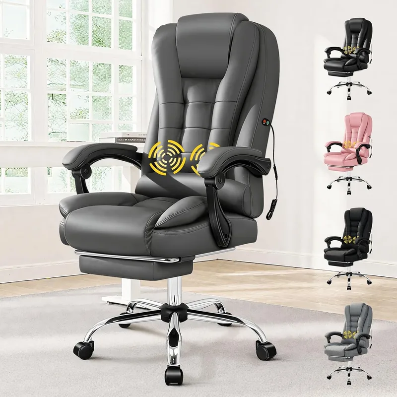 ALFORDSON ▫️ Cadeira de escritório executiva com massagem, cadeira de secretária ergonómica com almofada lombar e cervical, altura ajustável, para computador, estudo, receção ou casa, suporta 180 kg, couro PU (cinzento)