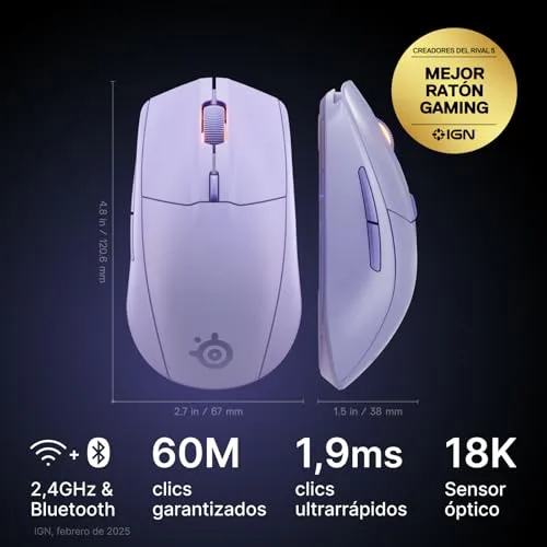 SteelSeries ▫️ Rival 3 Wireless Gen 2 - Rato para jogos - 2,4 GHz e Bluetooth - Sensor ótico TrueMove Air de 18 000 dpi - Durabilidade de 60 milhões de cliques - Leve - Patins 100% PTFE - Cor lavanda 2