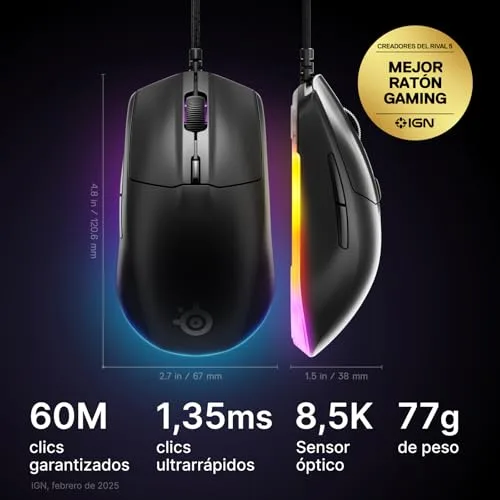 SteelSeries ▫️ Rival 3 Gen 2 - Rato para jogos - Sensor ótico TrueMove Core de 8500 dpi - Durabilidade de 60 milhões de cliques - Baixa latência - 77 g de peso - Patins 100% PTFE - RGB - Preto 2