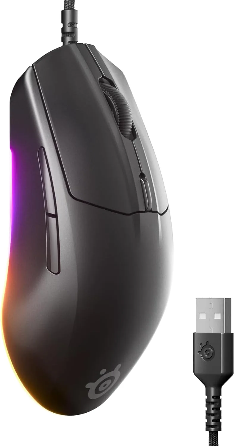 SteelSeries ▫️ Rival 3 Gen 2 - Rato para jogos - Sensor ótico TrueMove Core de 8500 dpi - Durabilidade de clique de 60M - Baixa latência - Peso de 77g - Deslizadores 100% PTFE - RGB - Preto