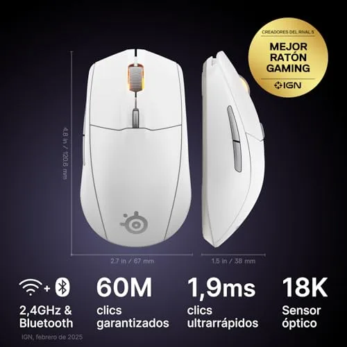 SteelSeries ▫️ Rival 3 Wireless Gen 2 - Rato para jogos - 2,4 GHz e Bluetooth - Sensor ótico TrueMove Air de 18 000 dpi - Durabilidade de 60 milhões de cliques - Leve - Patins 100% PTFE - Branco 2
