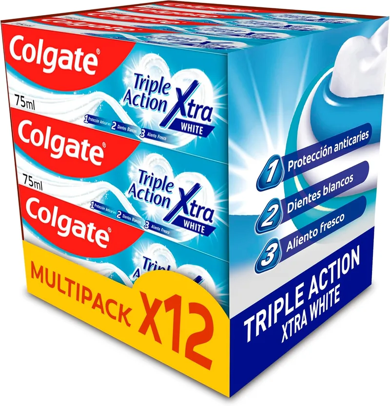 Colgate ▫️ Triple Accion Xtra White, Pasta de dentes, Embalagem de 12 x 75 ml