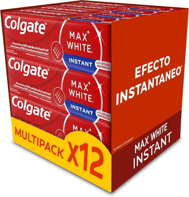 Colgate ▫️ Pasta de dentes Max White Instant, 12 unidades x 75 ml | elimina 100% das manchas superficiais, tecnologia ótica que clareia instantaneamente, segura para o esmalte
