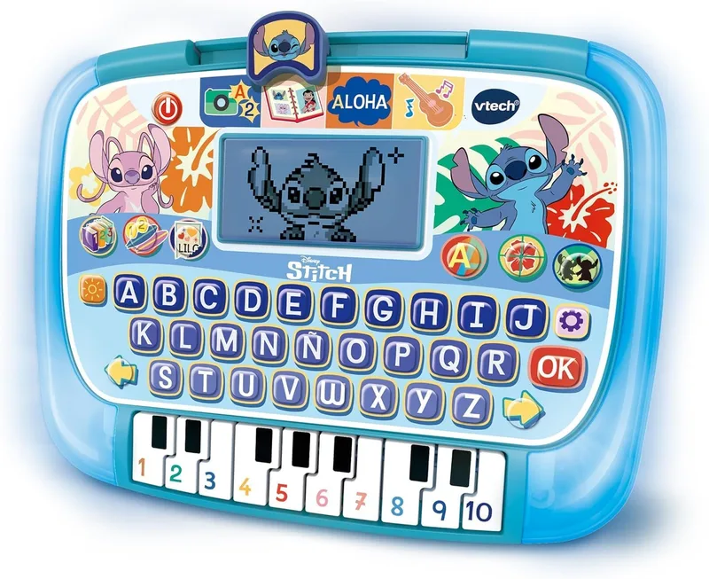 VTech ▫️ Tablet Educativo Stitch, Brinquedos Electrónicos para Crianças +4 Anos, Ecrã LCD, 10 Actividades, 4 Modos e 3 Níveis, Teclado ABC, Teclas de Piano, Voz Original, Versão ESP