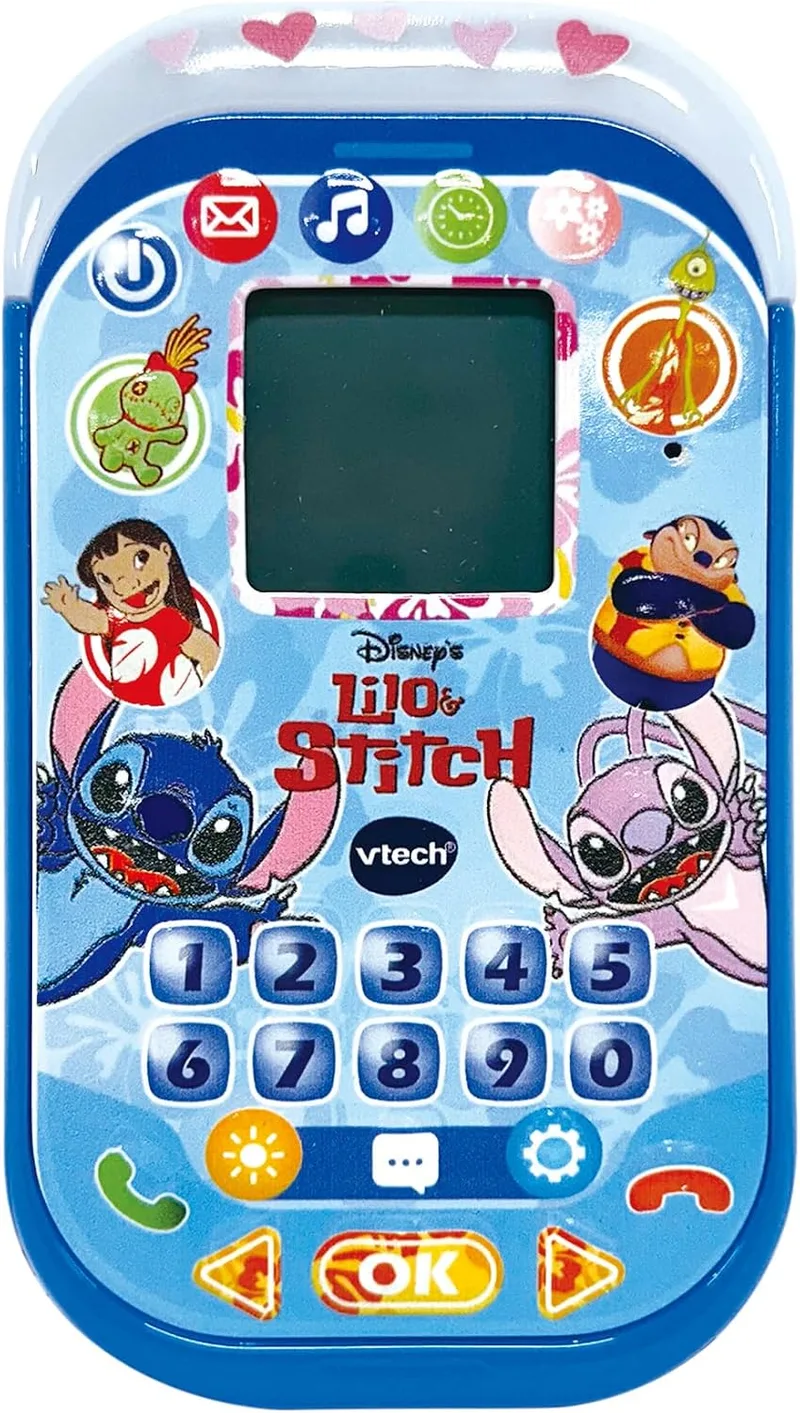 VTech ▫️ Telefone Educativo do Stitch, Brinquedos Eletrónicos para Crianças a partir dos 4 anos, Ecrã LCD, Faixa Luminosa, Minijogos de Matemática, Voz Original, Teclado e Chamadas, Versão ESP