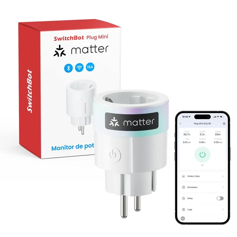 SwitchBot ▫️ Matter Plug Mini com monitorização de energia, controlo por Wi-Fi e Bluetooth, compatível com Alexa, Google Home e Home Assistant, controlo por voz e acesso remoto à aplicação, 16 A