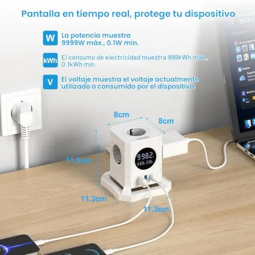 FDTEK ▫️ Extensão que indica a potência do dispositivo, - Extensão que indica a tensão, Tomada que indica a perda de potência, 4000 W/16 A, Branco 2