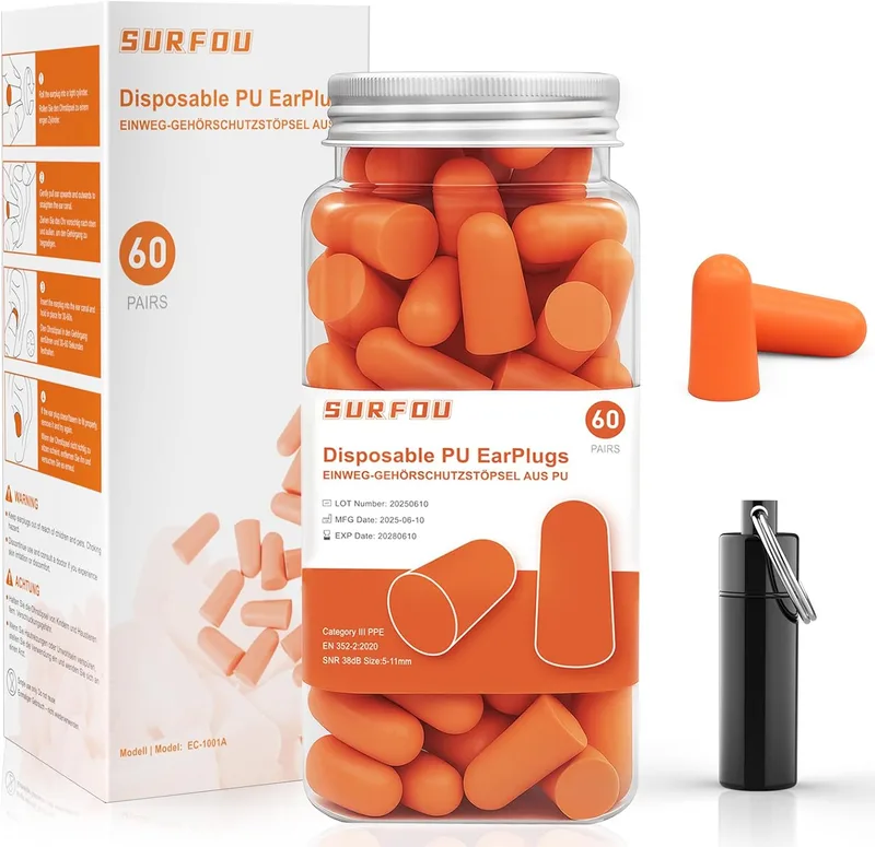 SURFOU ▫️ Tampões para os ouvidos com redução de ruído 60 pares, redução de 38 dB, reutilizáveis e ultra-suaves, ideais para quem dorme de lado, em viagem, em casa e nos estudos, cor de laranja