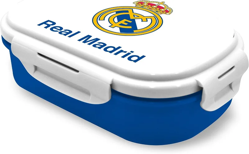 Kids Licensing ▫️ Lancheira com dois compartimentos e talheres incluídos - Ideal para piqueniques, escola e passeios - Modelo Real Madrid