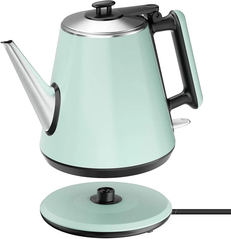 HoJang ▫️ Jarro elétrico pequeno 0,9L, aço inoxidável 304, design retro verde pálido, 1360W Cozedura em 3 min, funcionamento com um botão, desligamento automático, proteção contra secagem