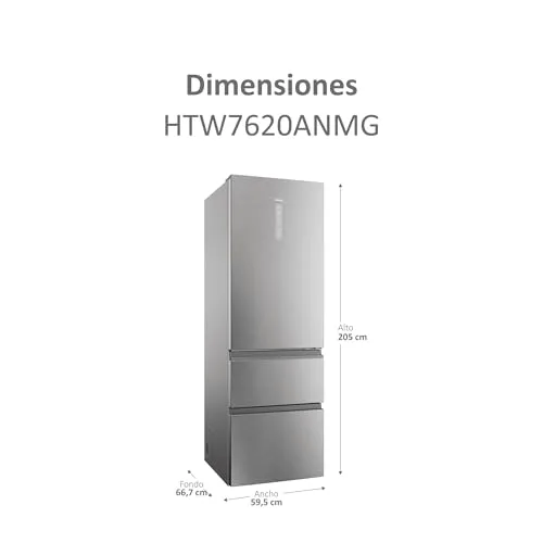 Haier ▫️ 3D Série 60 7 Pro HTW7620ANMG - Frigorífico Combi, 414 L, gavetas de acesso direto, Wi-Fi, compartimento para garrafas, motor inverter, My Zone Pro, zona de humidade, Total No Frost, 59,5 x 205 cm, LED Daylight, aço inoxidável 2