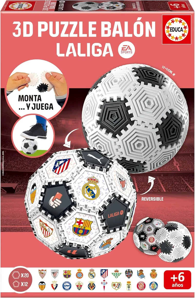 Educa ▫️ Puzzle de Bola 3D LALIGA, 32 peças | Jogo de futebol criativo para montar e brincar | Várias formas e autocolantes | Bola de 14 cm | Brinquedo de construção para crianças a partir dos 6 anos (20339)