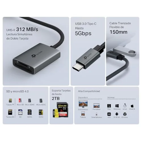 TP-Link ▫️ UA440C USB Type-C para leitor de cartões SD, Plug and Play, transferência de dados 3 vezes mais rápida, suporta cartões de memória até 2 TB, compatível com Mac, Windows, iPadOS, iOS e Android 2
