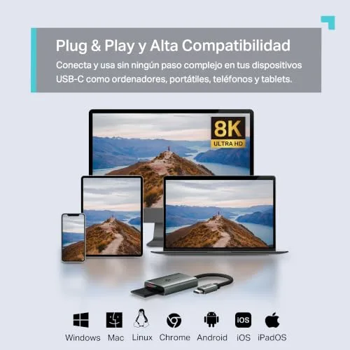 TP-Link ▫️ UA440C USB Type-C para leitor de cartões SD, Plug and Play, transferência de dados 3 vezes mais rápida, suporta cartões de memória até 2 TB, compatível com Mac, Windows, iPadOS, iOS e Android 6