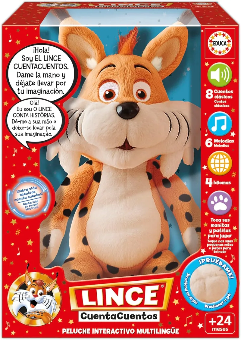 Educa ▫️ Lince Cuentacuentos : Peluche educativo interativo com narração áudio e música para crianças : Prenda para crianças de 2 anos (20360)