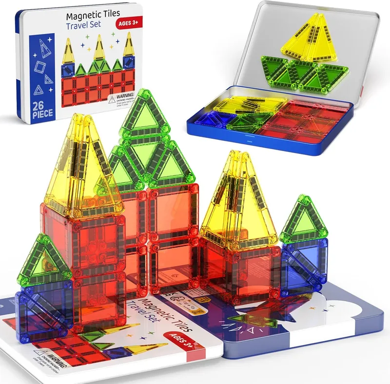 STEM MATCH ▫️ Azulejos magnéticos de viagem, mini blocos de construção magnéticos com 26 peças, conjunto de azulejos magnéticos de viagem para crianças a partir dos 3 anos, brinquedos de viagem montessori