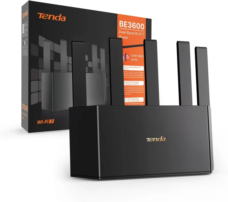 Tenda ▫️ [Novo] RE3L Wi-Fi 7 Router BE3600 Dual Band, WiFi Mesh, 3 portas Gigabit WAN/LAN, 5 Antenas Verticais, 4K-QAM, MLO, NFC, VPN, WPA3, Controlo de Aplicações