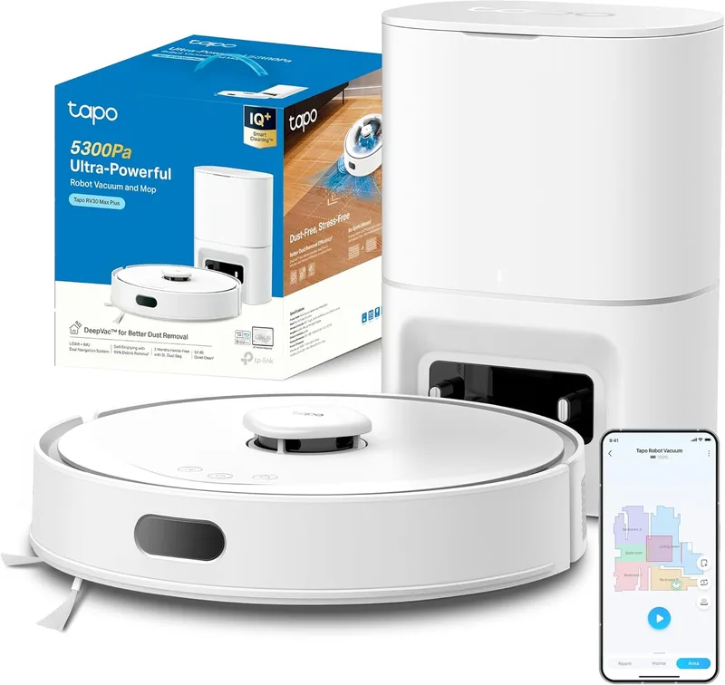 Tapo ▫️ RV30 MAX Plus White – Aspirador e Esfregador de Pisos Robótico, Base com Autolimpeza
