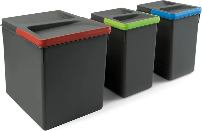 EMUCA ▫️ Caixas para gavetas de cozinha Recycle, Caixote do lixo com tampa anti-odores, A 266 mm (1 x 15 L + 2 x 7 L), Plástico cinzento antracite