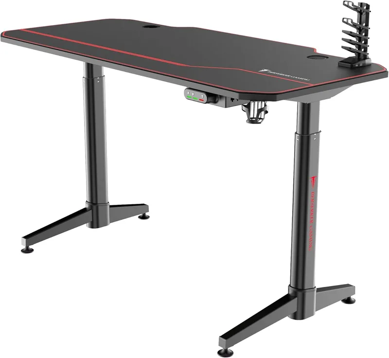 BERSERKER ▫️ Mesa de jogos com altura ajustável, 140x66x75 cm, superfície em fibra de carbono, concentrador USB de 4 portas, preto