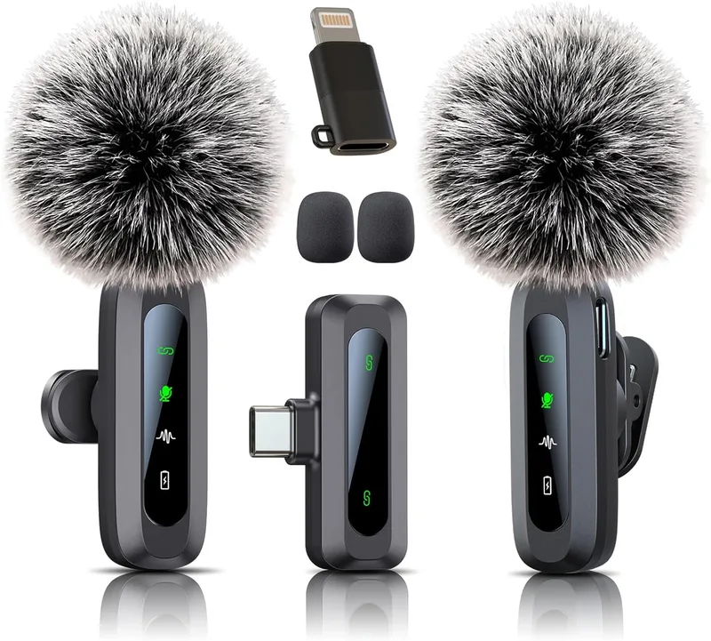 Uewpv ▫️ Microfone Lavalier sem fios, microfone para iPhone e conector USB-C, mini microfone sem fios com redução de ruído, ecrã LED e clipe giratório, ideal para vlogs, TikTok e criação de conteúdos