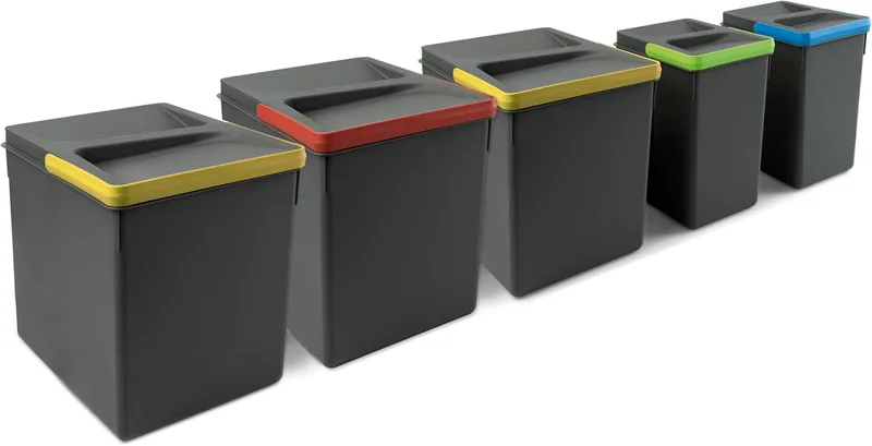 EMUCA ▫️ Caixas para gaveta de cozinha Recycle, caixote do lixo com tampa anti-odores, A 266 mm (3 x 15 L + 2 x 7 L), plástico cinzento antracite