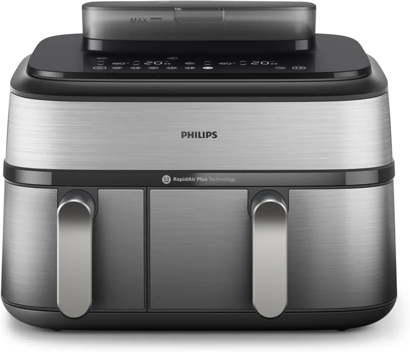 PHILIPS ▫️ Steam Airfryer Série 5000 com Cesto Duplo - Fritadeira sem óleo e vaporizadora num único aparelho, 9 L, tecnologia RapidAir Plus, 19 funções de cozedura, 90% menos gordura, 2 cestos, limpeza a vapor (NA555/00)
