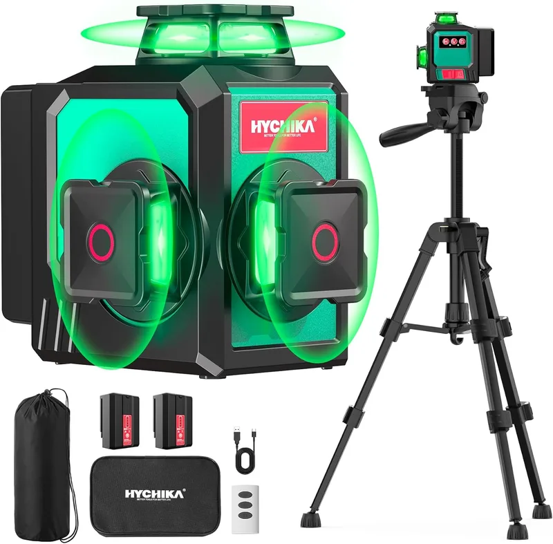 HYCHIKA BETTER TOOLS FOR BETTER LIFE ▫️ Nível a laser autonivelante HYCHIKA de 360 graus, nível a laser com tripé e 12 linhas, 1 linha horizontal de 360° e 2 linhas verticais de 360°, 2 baterias de 3000 mAh, comando à distância, Saco de tecido, IP54