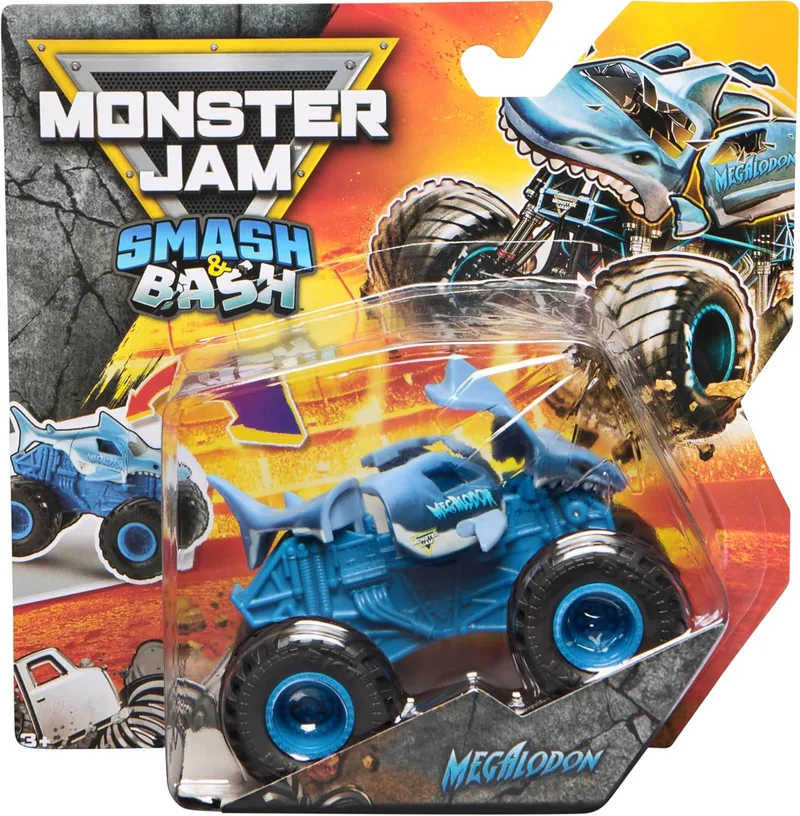 Monster Jam ▫️ Monster Truck Metal Smash & Bash Escala 1:64, Aleatório (Coveiro, El Toro Loco ou Megalodon), Reparação de colisões e esmagamentos - Carros para crianças - Brinquedos para crianças 3 anos +