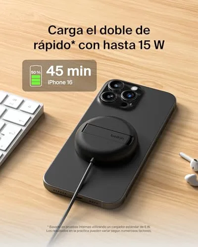 Belkin ▫️ Carregador sem fios compatível com MagSafe, base de carregamento magnética de 15 W, certificação Qi2, para iPhone 17, Air, Samsung Galaxy S25, Pixelsnap e AirPods – com fonte de alimentação – Preto 3